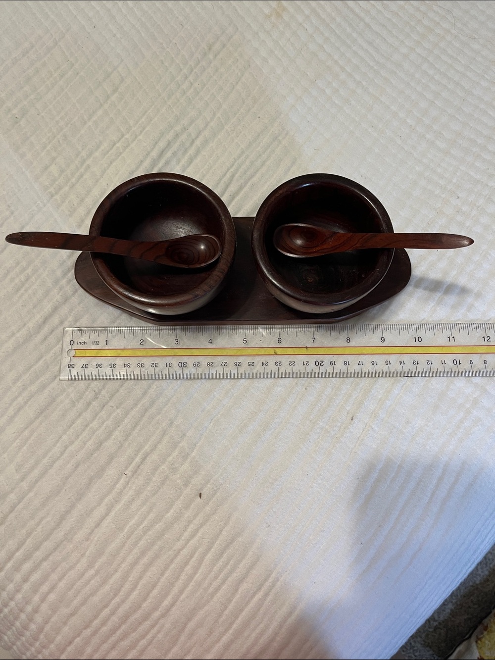 Vintage Wood Double Bowl Condiment Set with Spoons - Dark Brown